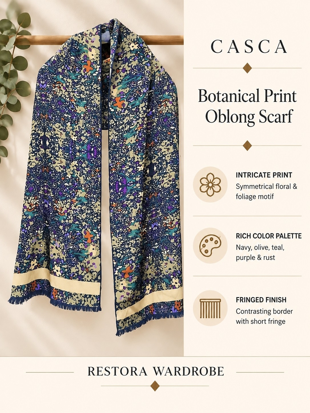 Casca Oblong Scarf Navy Botanical Floral Print Fringe Boho